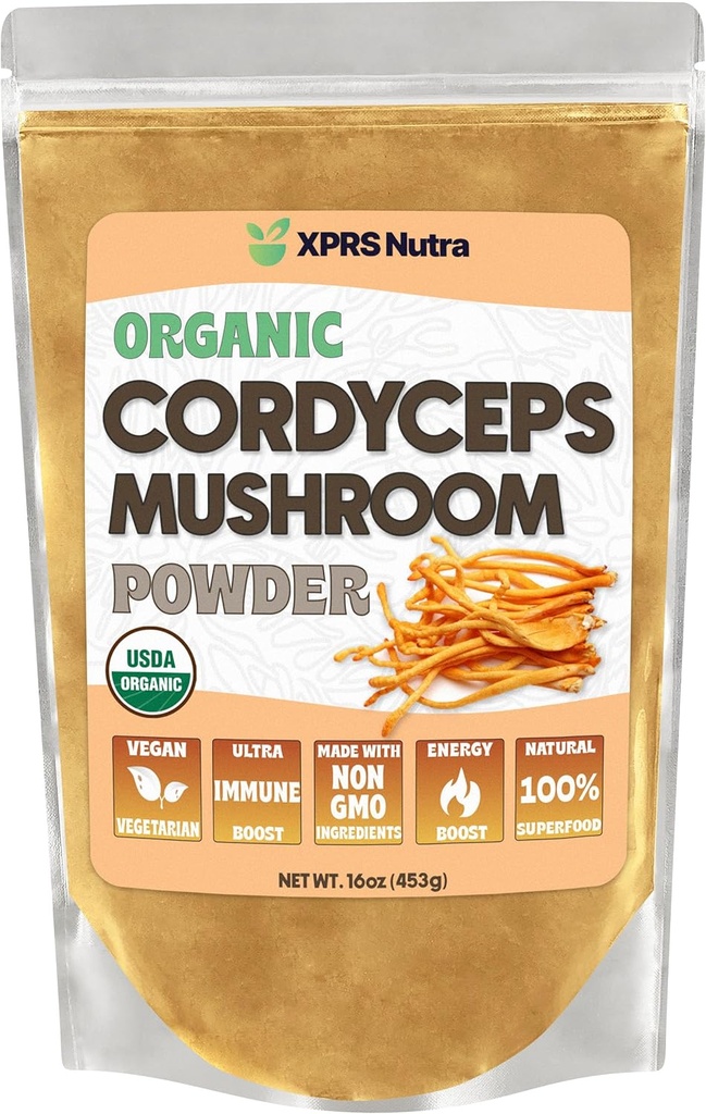 XPRS Nutra Poudre de champignons Cordyceps bio - Champignons Cordyceps premium - Supplément de poudre de champignons Cordyceps pour l'énergie et le soutien immunitaire - Cordyceps de champignons véganes (16 oz)