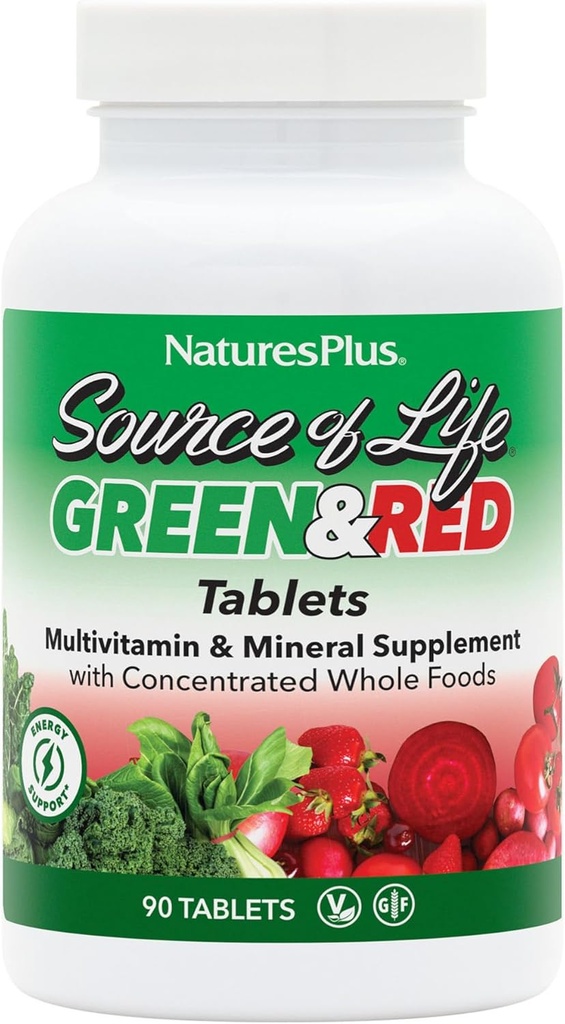 NaturesPlus Source de vie Multivitamine verte et rouge - 90 comprimés - avec des aliments entiers concentrés - Végétarien, sans gluten - 30 portions