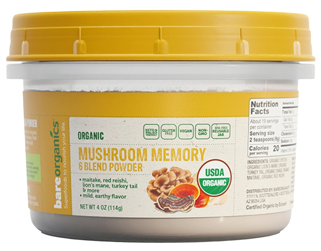 BareOrganics Mushroom Memory Blend Poudre – Supplément de champignons bio super-alimentaire avec Lion, Reishi, Maitake & Turkey Tail, Vegan Adaptogenic Poudre - 4 oz
