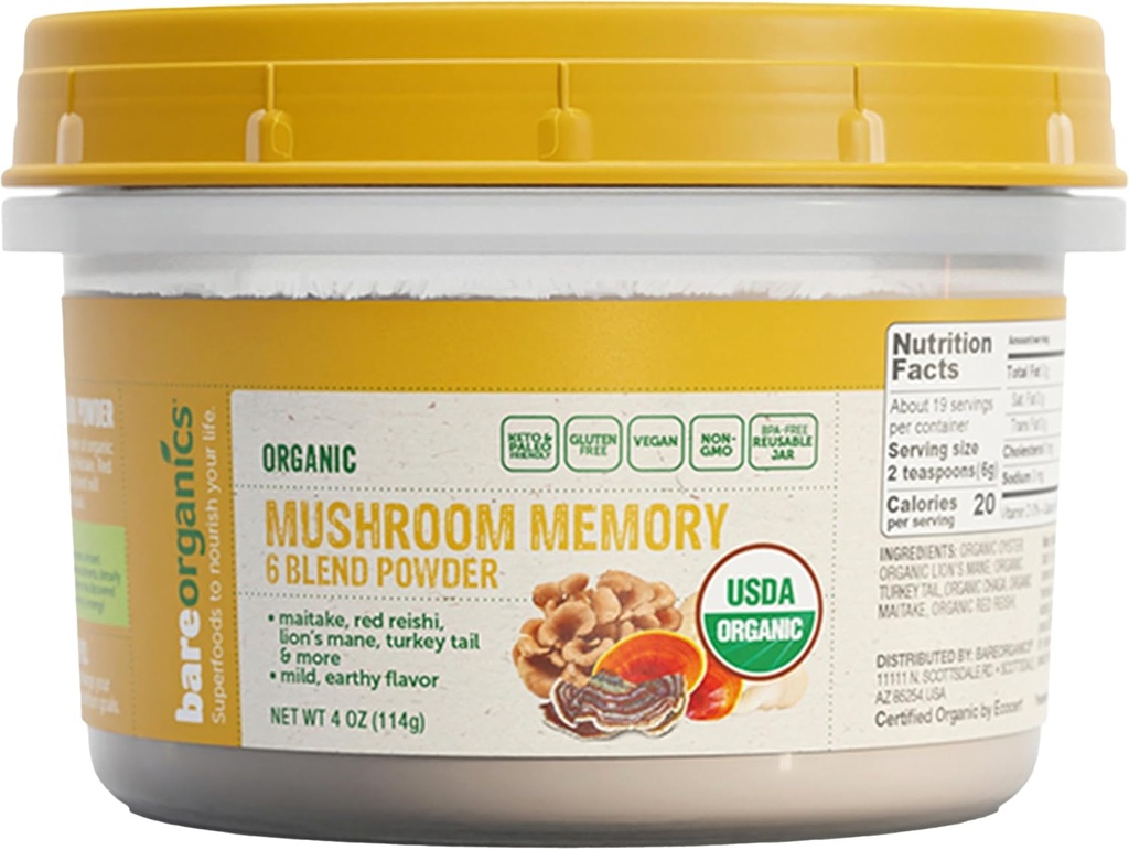 BareOrganics Mushroom Memory Blend Poudre – Supplément de champignons bio super-alimentaire avec Lion, Reishi, Maitake & Turkey Tail, Vegan Adaptogenic Poudre - 4 oz