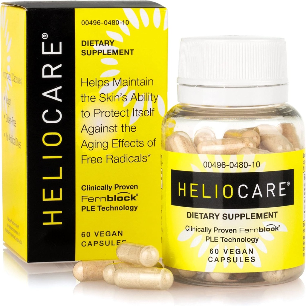 Heliocare Soins de la peau Supplément diététique: 240mg Pilules d'extrait de polypodium Leucotomos - Formule riche antioxydante avec fernblock et technologie PLE - 60 Capsules de Véggie