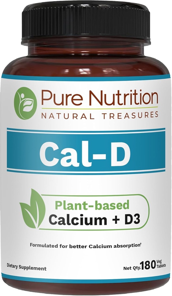 Pure Nutrition Cal D - Plant Based Calcium with VIT D3 K2 & Magnesium | 180 Tabs | 500mg Vegan Calcium per Serving | Algae Calcium Supplement for Bone Health