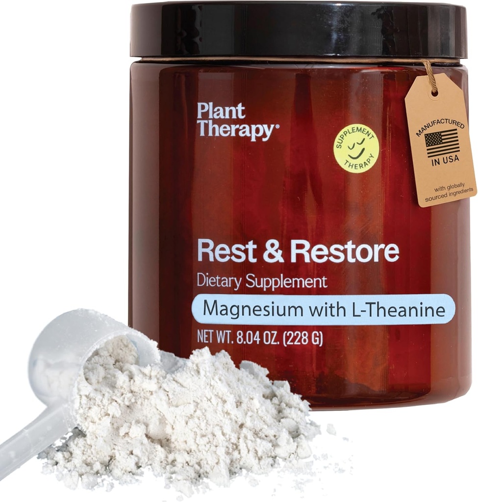 Plant Therapy Sans saveur Magnésium Glycinat poudre fabriquée aux États-Unis avec L-Theanine Repos & Restore 4 mois d'approvisionnement favorise le sommeil et aide à détendre les suppléments pour les femmes et les hommes 8 oz