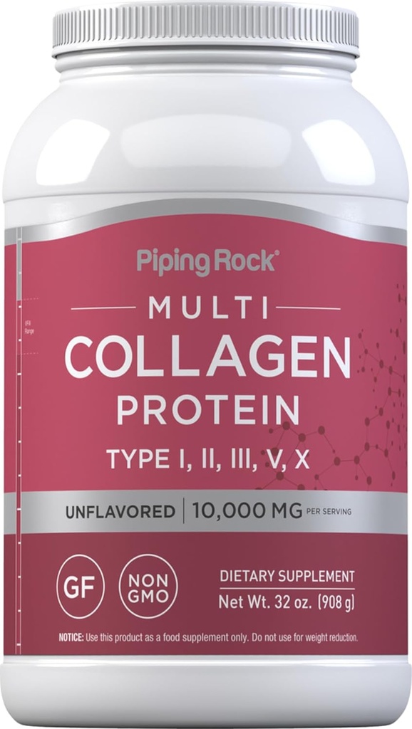 Piping Rock Multi Collagen Protéine Poudre de 32 oz Supplément pour les femmes et les hommes Types I, II, III, V, X. Non-OGM, sans gluten
