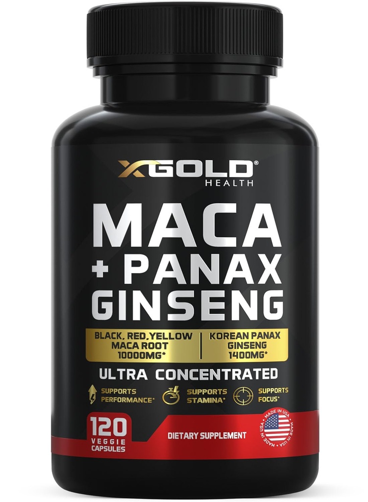 Capsules Racines de Maca 10 000mg + Ginseng Panax coréen 1 400mg - 20x Extrait concentré Noir + Rouge + Racine de Maca jaune, 10x Extrait concentré Ginseng Panax Capsules - Ultra Potent et hautement purifié