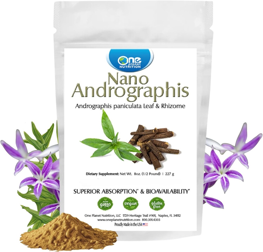 One Planet Nutrition Nano Andrographis Powder 8 oz (227 portions), Nano pour l'absorption accrue, soutient le bien-être général, non OGM, végétalien, sans gluten