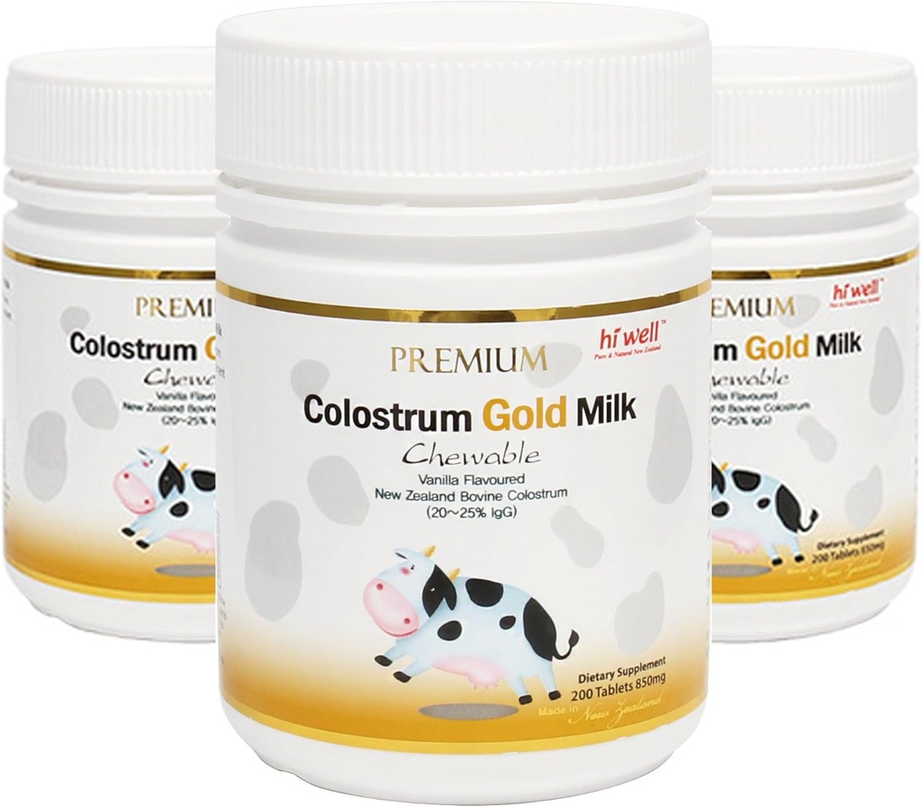 Hi Well Premium Nouvelle-Zélande Bovin Colostrum Or Lait 200 Chewables Comprimés Immunoglobuline G (Igg) 20~25% (paquet de 3)