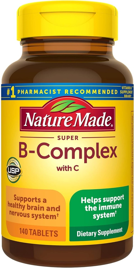 Complexe naturel Super B avec vitamine C et acide folique, supplément alimentaire pour le soutien immunitaire, 140 comprimés, 140 jours d'approvisionnement