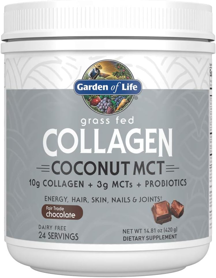 Garden of Life Supplément en poudre de collagène à base de noix de coco - Chocolat, 24 portions, peptides de collagène pour les ongles de peau de cheveux énergétiques, MCT de noix de coco et probiotiques