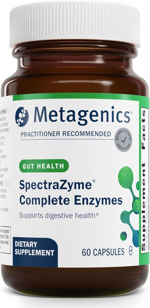 Métagène SpectraZyme Enzyme Complex - Enzymes digestifs à base végétale pour la décomposition des protéines, des graisses et des glucides - Soutient l'indigestion, le blottis et la santé des colonies* - Sans gluten, végétalien - 60 capsules