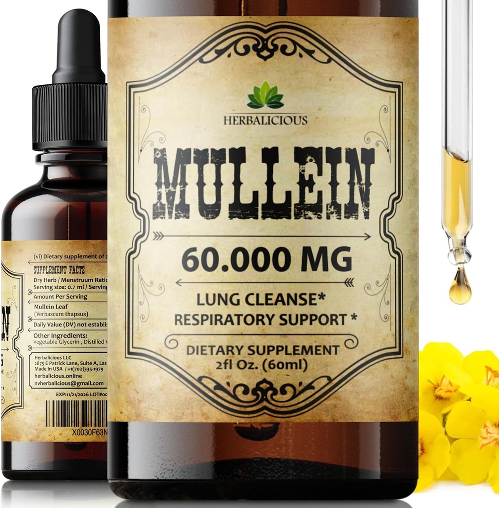 HERBALICIEUX gouttes de Mullein pour les poumons – Supplément de nettoyage de poumon biologique avec extrait de feuille de Mullein (Verbascum Thapsus) – Vegan, formule liquide non OGM – 2 Fl Oz