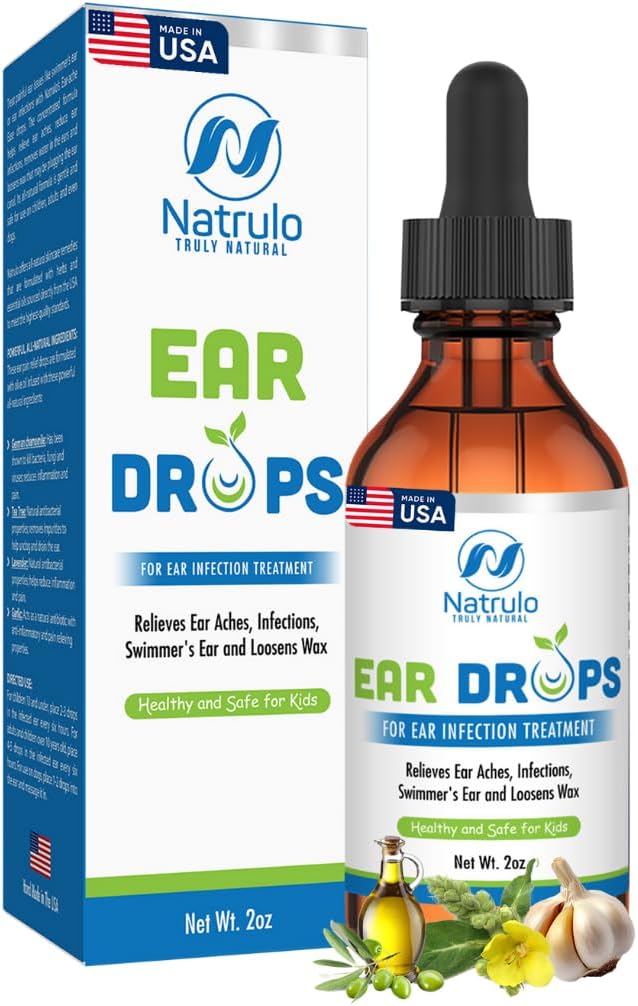 Natrulo gouttes d'oreille naturelle pour l'infection à oreille - homéopathique, herbacées pour adultes, enfants et animaux de compagnie - pour les oreilles, l'oreille de Swimmer, la cire de Loosen - Huile d'oreille sans danger pour les enfants, fabriqués aux États-Unis (2 Oz)