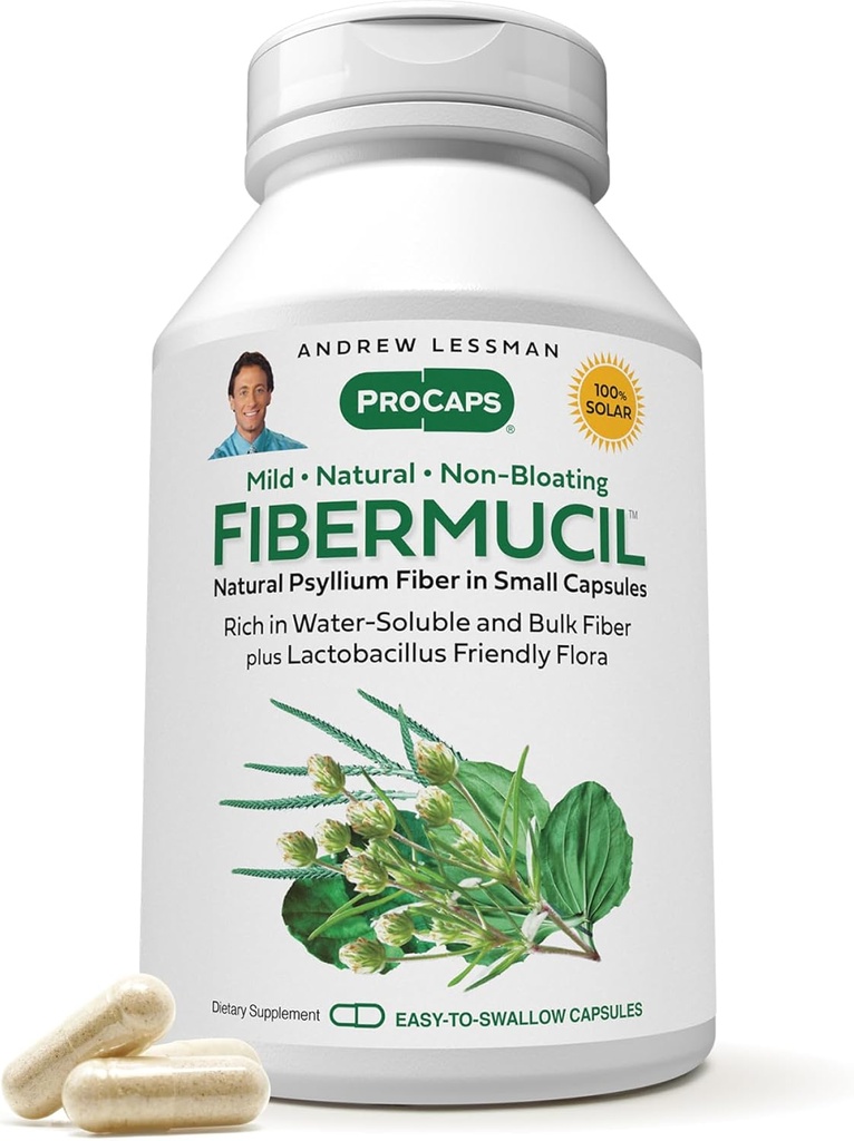 ANDREW LESSMAN Fibermucil 180 Capsules -Psyllium Husk Poudre. Promouvoir gentiment la régularité et la santé digestive. Riche en fibre. Douce, facile, efficace. Pas d'additifs. Petites capsules faciles à avaler