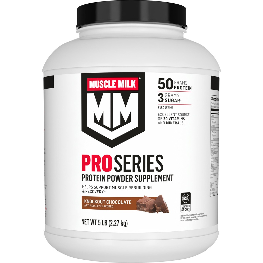 Muscle Lait Pro série Supplément en poudre de protéines, chocolat knockout, 5 livres, 28 portions, 50g de protéines, 3g de sucre, 20 vitamines et minéraux, NSF certifié pour le sport, récupération d'entraînement