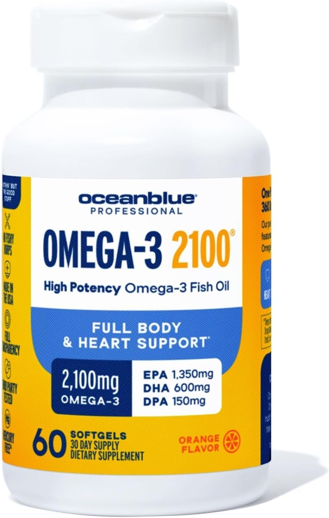 Oceanblue Professional Omega-3 2100-60 Count - High-Potency Triple Strength Burpless Fish Oil Supplement with EPA, DHA & DPA - Orange Flavor, 30 Servings