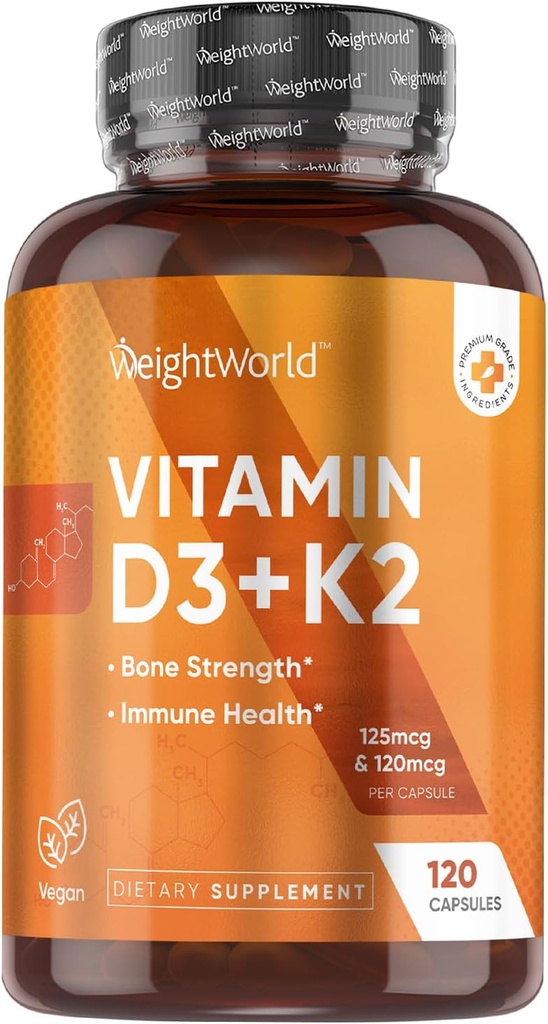WeightWorld Vegan Vitamine D3 K2-120 Capsules - 5000 UI D3 & K2 120mcg pour la santé des os et des immunones – K2 D3 Vitamine Supplément à base végétale Cholecalciferol de lichen sauvage