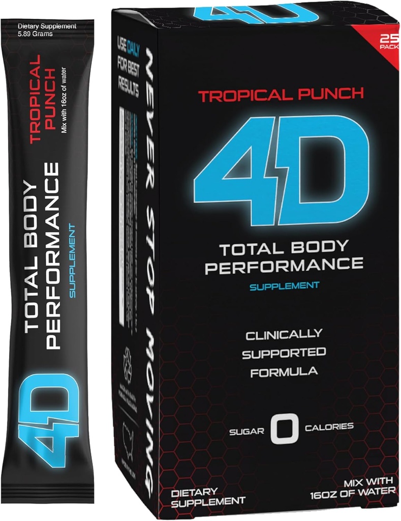 4D - Tropical Punch 25 Unit Box- Vitamines & Energy Powder Packets - Zero Calories & Sugars - Sans gluten, Non-OGM, Keto & Vegan Friendly