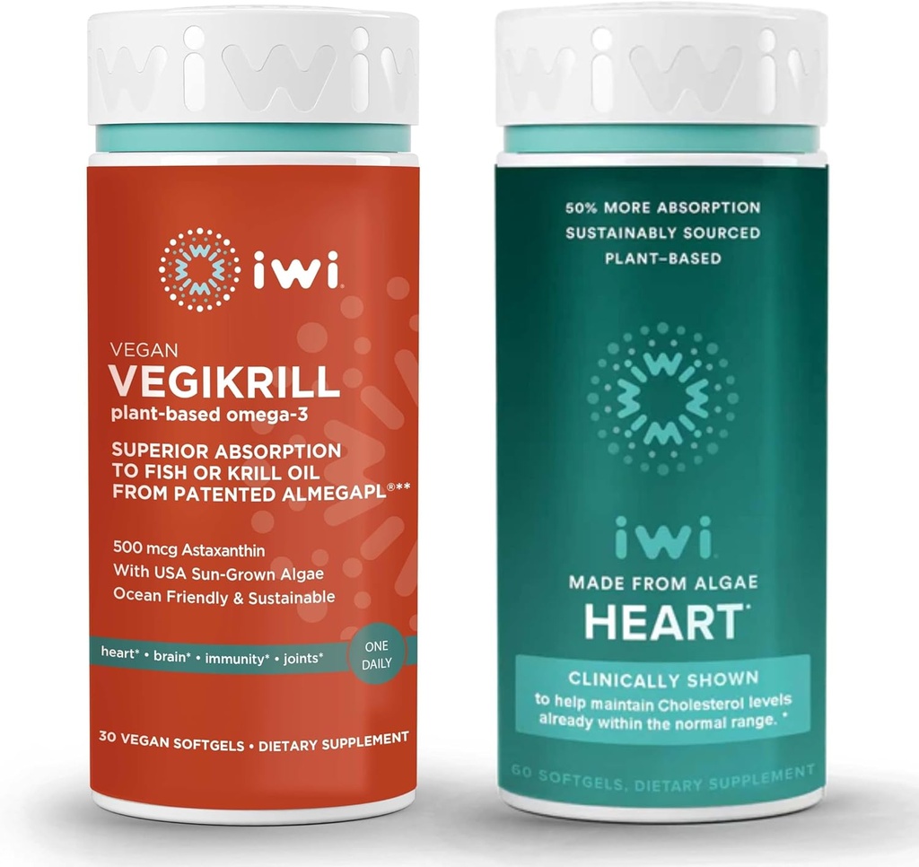 iwi Life Vegikrill & Heart Omega-3 Bundle, 30 portions, Algae Omega à base végétale végétalienne 3, Krill & Fish Oil Alternative, Aucun arrière-goût de poisson