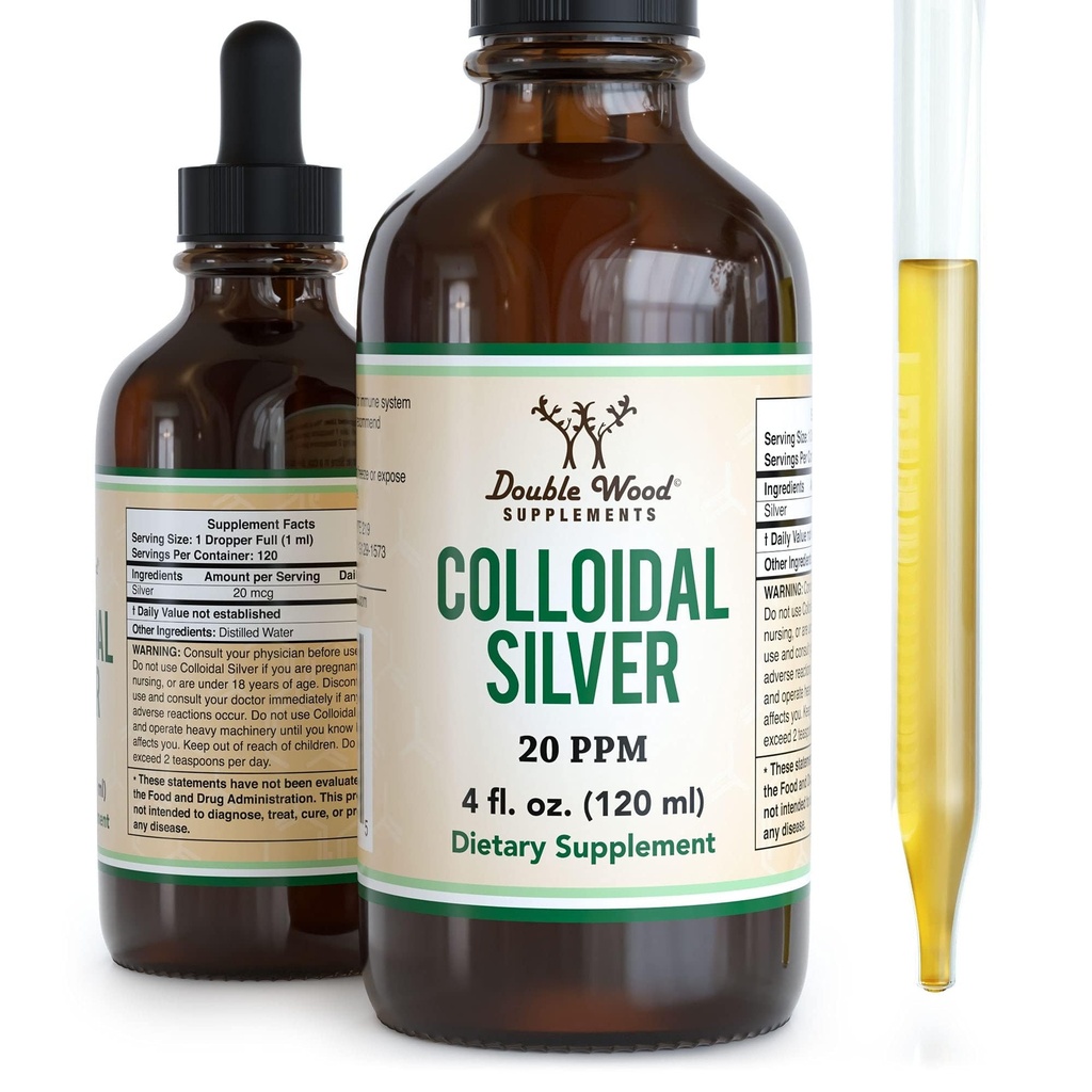 Colloïdal Argent liquide 20 PPM - 4 Fl OZ (Plata Coloïdal avec goutteau) 99,9% Pure, sans gluten, non-OGM par Double Wood Suppléments