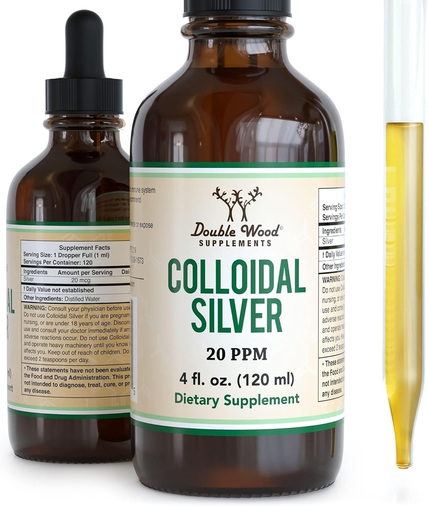 Colloidal Silver Liquid 20 PPM - 4 Fl OZ (Plata Coloidal with Dropper) 99.9% Pure, Gluten Free, Non-GMO by Double Wood Supplements