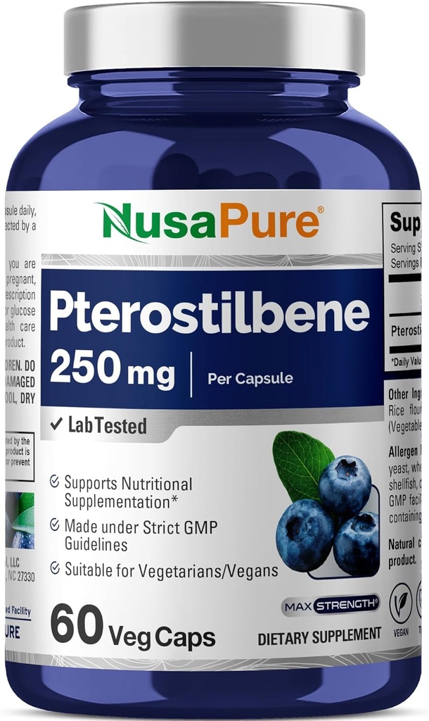 NusaPure Pterostilbene 250mg per Veggie Caps, 60 Count (Non-GMO, Vegan)