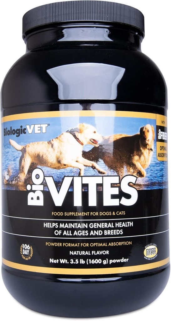 BiologicVET BioVITES Approvisionnement multinutrient - Vitamines de chats et de chiens de qualité supérieure - Soutient l'immunité, le métabolisme, la peau et la santé digestive - Comprend les acides aminés, les prébiotiques, les enzymes et plus - 3,5 lb. Poudre