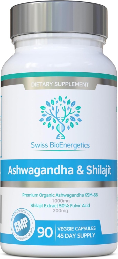 Ashwagandha & Shilajit - Ashwagandha KSM-66 1000mg & Extrait de Shilajit purifié 200mg (acide fulvic 50%) - Pas de charges artificielles, de liants ou d'agents de débit - Convient aux végétaliens