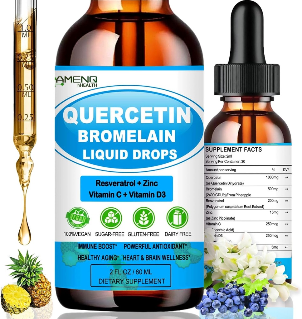 Quercetin avec vitamine C et zinc - Quercetin gouttes liquides - Quercetin avec bromelain - Zinc Quercetin - Supplément de soutien immunitaire pour la santé respiratoire et la réponse du corps aux allergies occasionnelles