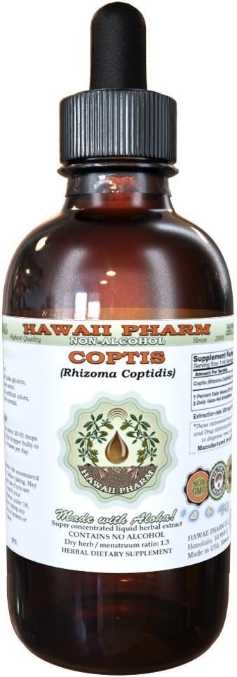 Coptis extrait liquide sans alcool, Coptis (Rhizoma Coptidis) racine séchée Glycérite Hawaii Pharm supplément naturel à base de plantes 2 oz