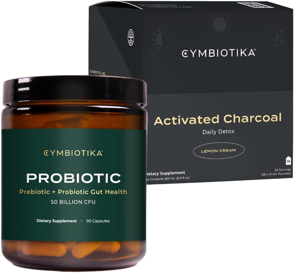 CYMBIOTIKA Probiotique 50 milliards CFU et supplément liquide de charbon activé, soutient la digestion saine pour les hommes et les femmes, la désintoxication et le soulagement digestif, aide à réduire le gaz et le ballonnement, facile à utiliser