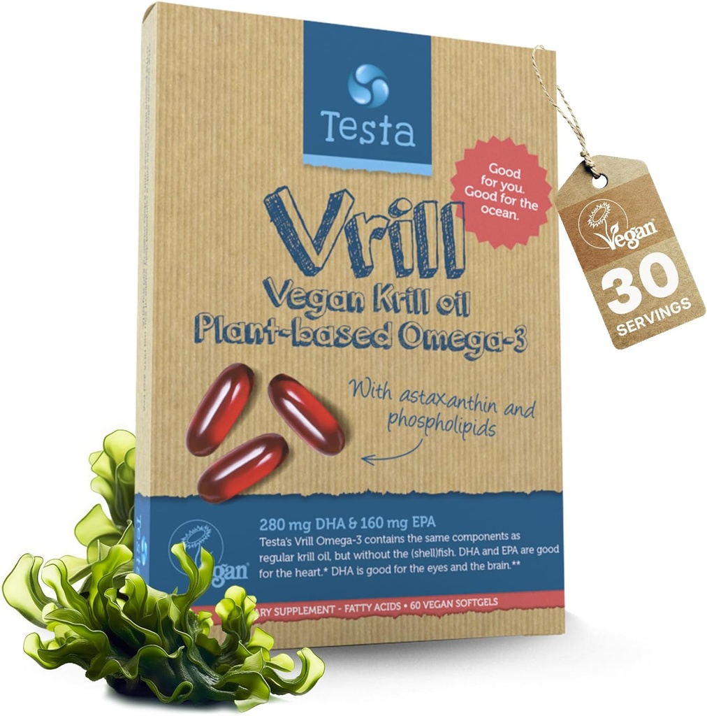 Testa Omega 3 Vegan Krill Supplément-1000mg Softgels, 2 fois plus Omega-3, DHA, EPA, Astaxanthine, Phospholipides - Coeur, Cerveau, Yeux, Soutien articulaire - Pas de poisson, Algae Source - 60 Softgels