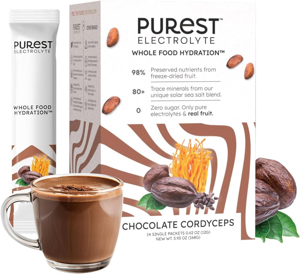 Know Brainer Purest Electrolyte Chocolat Cordyceps Powder Packets – Hydratation des aliments entiers - Cacao fermenté et sel de mer solaire pour l'équilibre électronique ultime