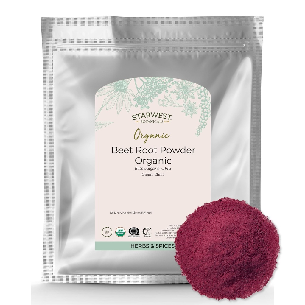 Starwest Botanicals poudre de racine de betterave biologique pour les hommes et les femmes - Utilisation pour le jus, les smoothies et le thé, soutien de l'énergie naturelle, racine de betterave au sol, casher certifié, non-OGM - vrac 2 lb sac