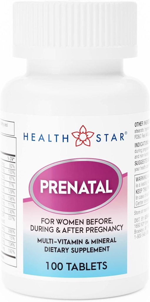 GeriCare Multivitamine prénatale par HealthStar pour maman et bébé en santé - Folate + Vitamine C + Vitamine D + Fer + Calcium + B12-100 Comprimés