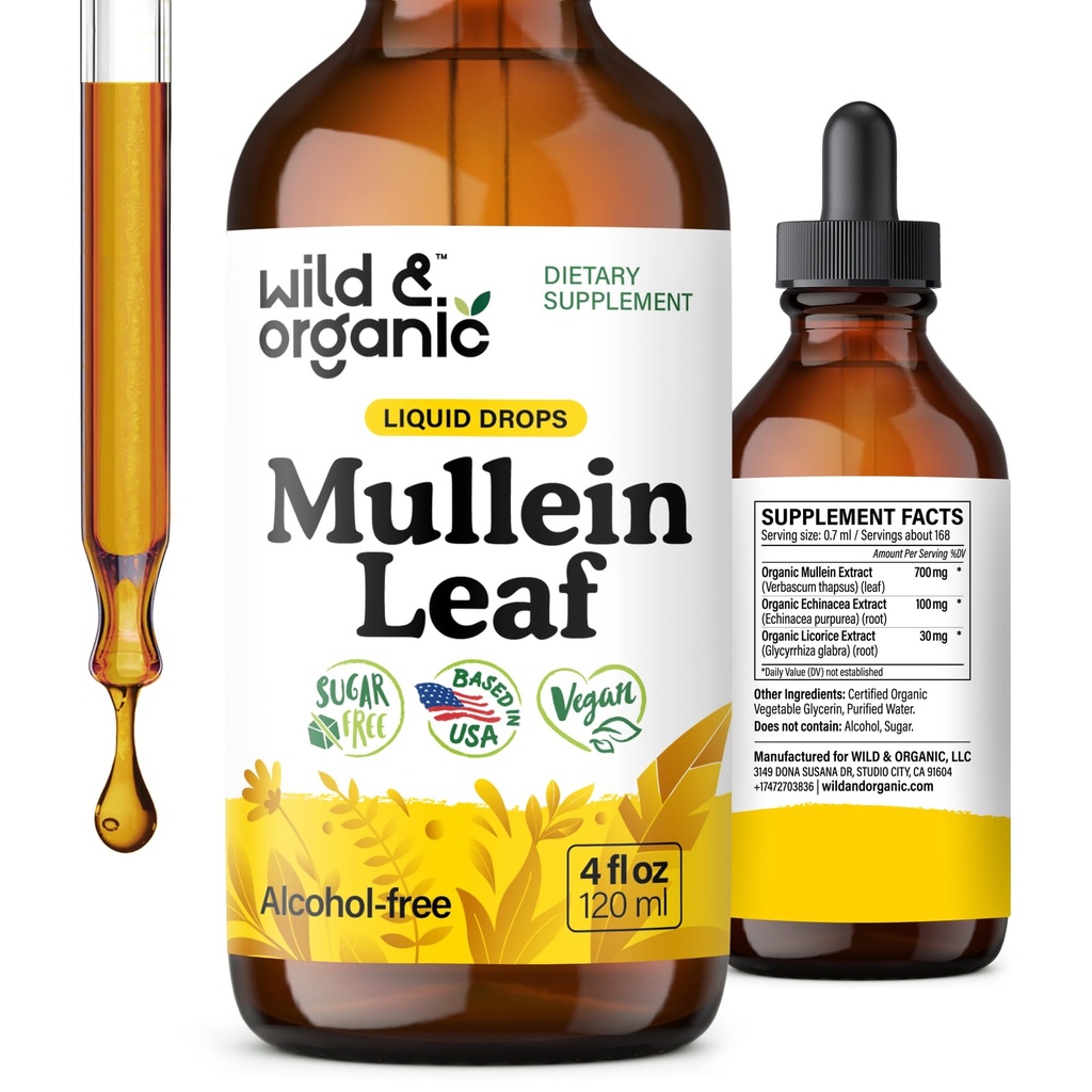 Teinture de Mulléine sauvage et biologique - Nettoyage et désintoxication du poumon - Extrait de feuille de Mulléine liquide pour les poumons avec l'échinacée - Gouttes de Thapsus Verbascum - Supplément végétalien, sans sucre et sans alcool - 4 fl oz