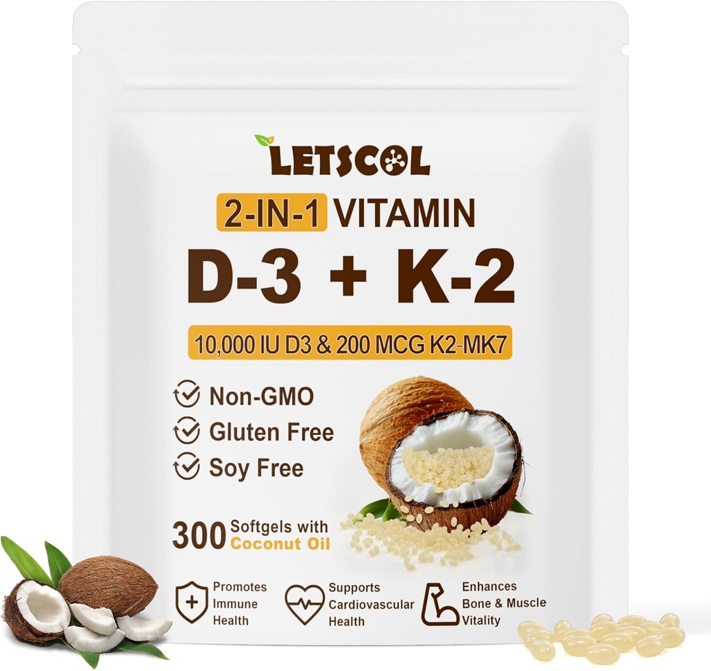 2-en-1 supplément vitamine D3 K2 softgel, vitamine D3 10000 UI et vitamine K2 200 mcg, K2 MK7 avec supplément vitamine D3 soutien immunitaire, coeur, articulations, dents et santé des os