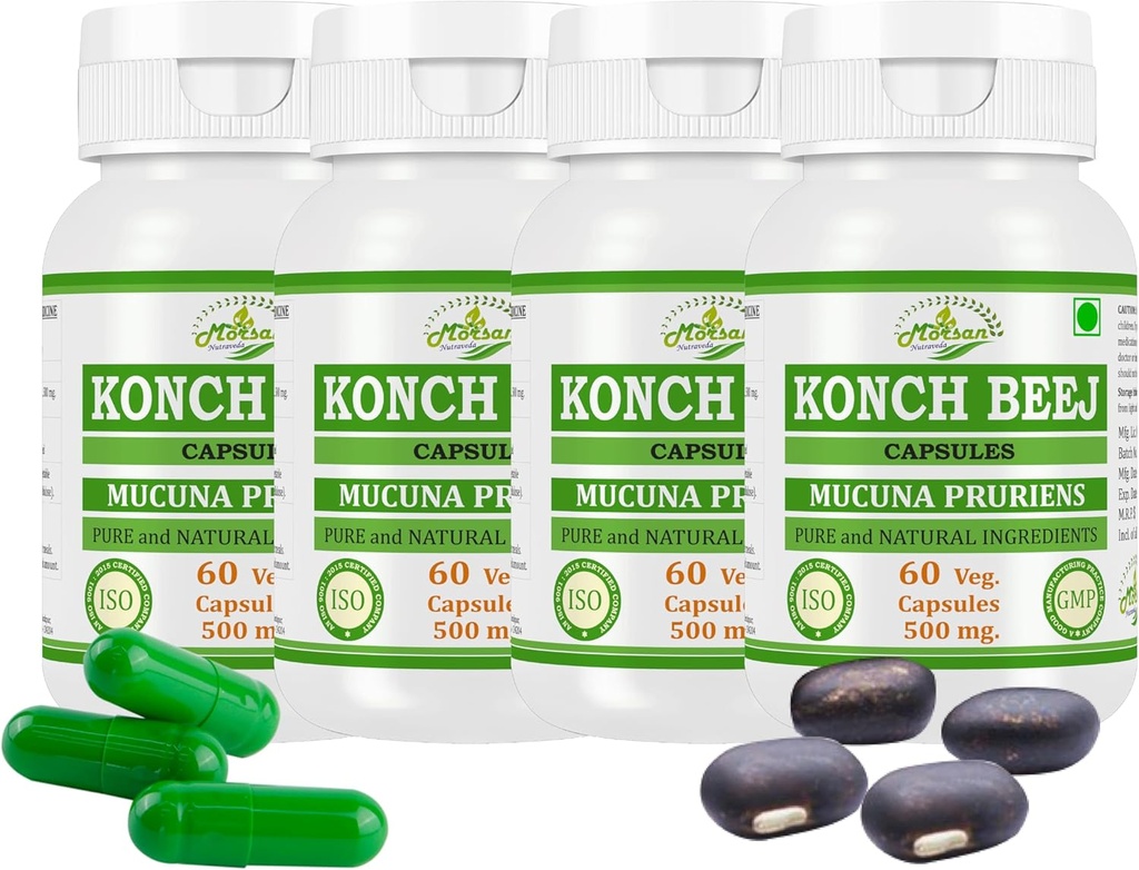 Pruriens naturels et purs à base de plantes MUCUNA (Konch Beej, Kaunch Beej) Capsules d'extraits de la plus haute puissance, 100 % de produits à base de plantes.