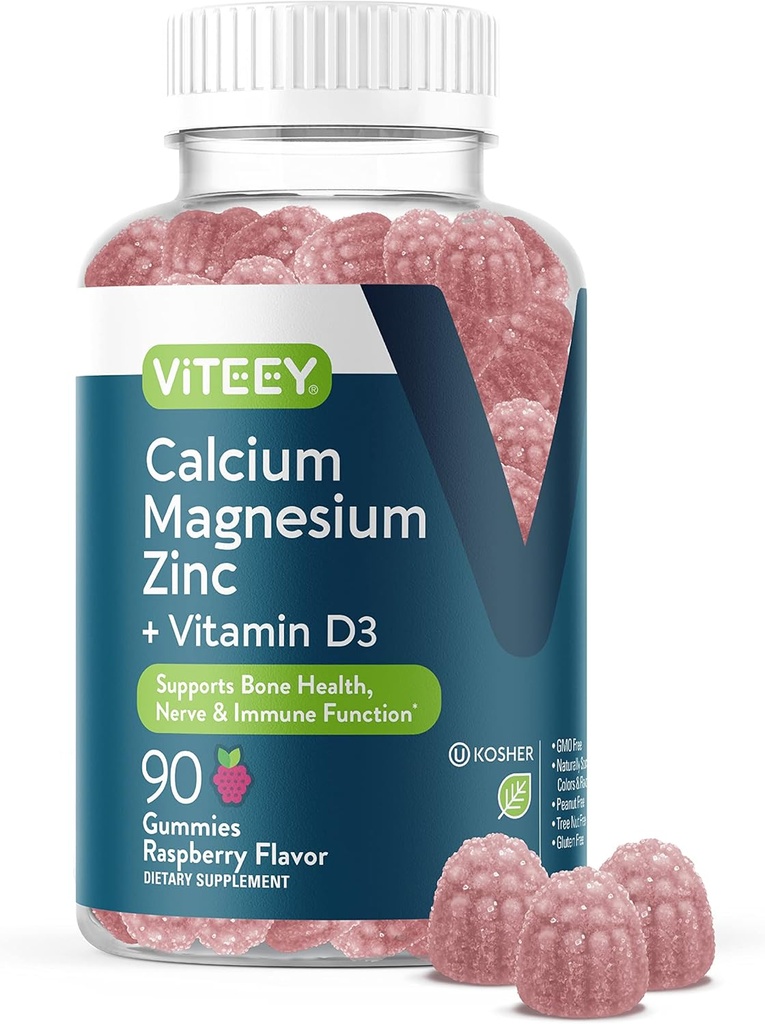Gommies de zinc de magnésium de Viteey avec vitamine D3 - soutient la santé des os, la nerve et la fonction immunitaire - Zinc de magnésium de calcium D3 pour adultes et adolescents - sans OGM - Gommy aromatisé aux framboises à croquer