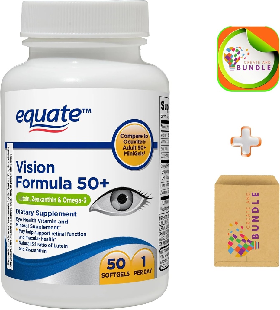 Equite Vision Formula 50 + Soft Gels Supplément diététique - 50 Compte + CreativeAndBundle Sticker