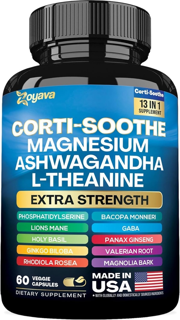 Zoyava Corti-Soothe Cortisol Supplément Magnésium Glycinate 200mg L-Theanine 150mg Ashwagandha 150mg Phosphatidylserine Cortisol Manager Lions Mane Ginkgo Biloba Bacopa Monnieri Valerian Root 60 Caps