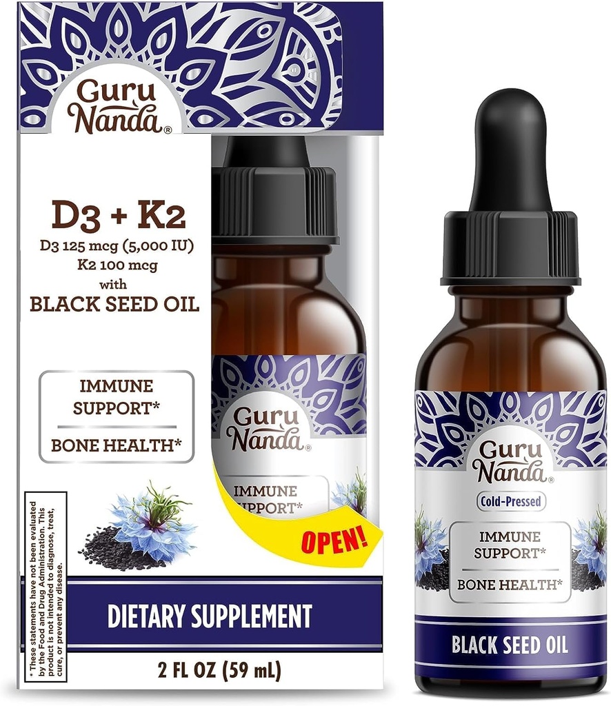 GuruNanda Black Seed Oil, Nigella Sativa pressée à froid - Riche en vitamine D3 5000 Unités, K2 & E, Thymoquinone élevée.