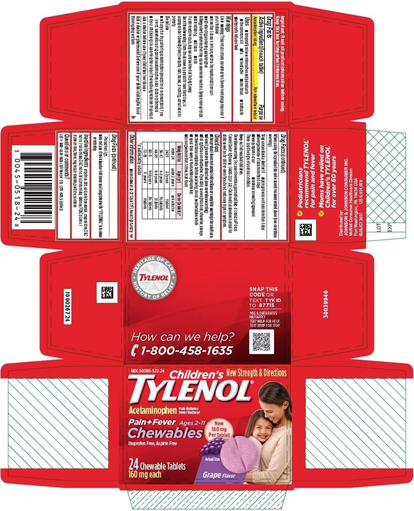 Tylenol Children's Pain + Fever Chewable Tablets Grape Flavor - 24 ct, Pack of 4