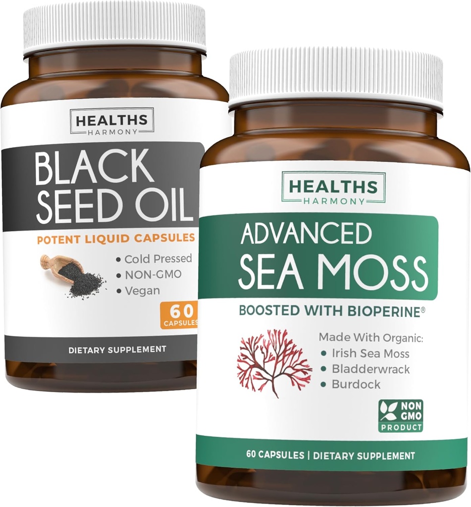 Huile de graines noires et mousse de mer d'Irlande (1-Mois d'approvisionnement) - Groupe de duo de bien-être de l'huile de graines noires (60 capsules) Nigella Sativa à pression froide et mousse de mer d'Irlande (60 capsules) avec bioperine et Bladderwrack