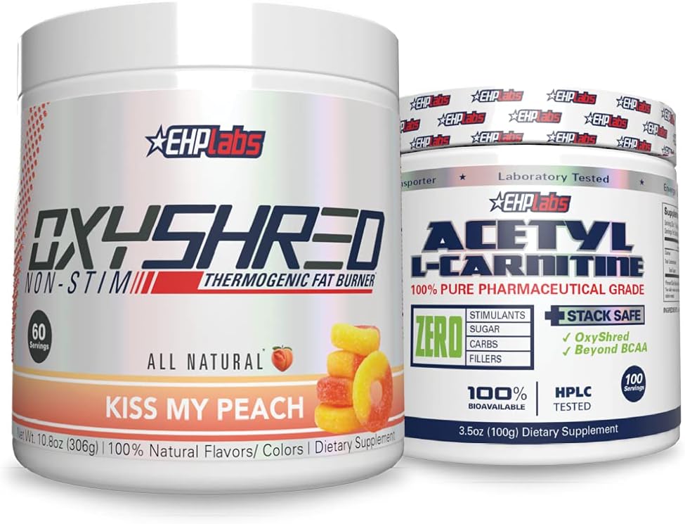EHP Labs Non-Stim + Bundle d'acétyle - OxyShred Thermogen Pre Workout Powder & Shredding Supplement - acétyl L-Carnitine - soutient la production d'énergie naturelle, aide le métabolisme et la fonction cérébrale saine