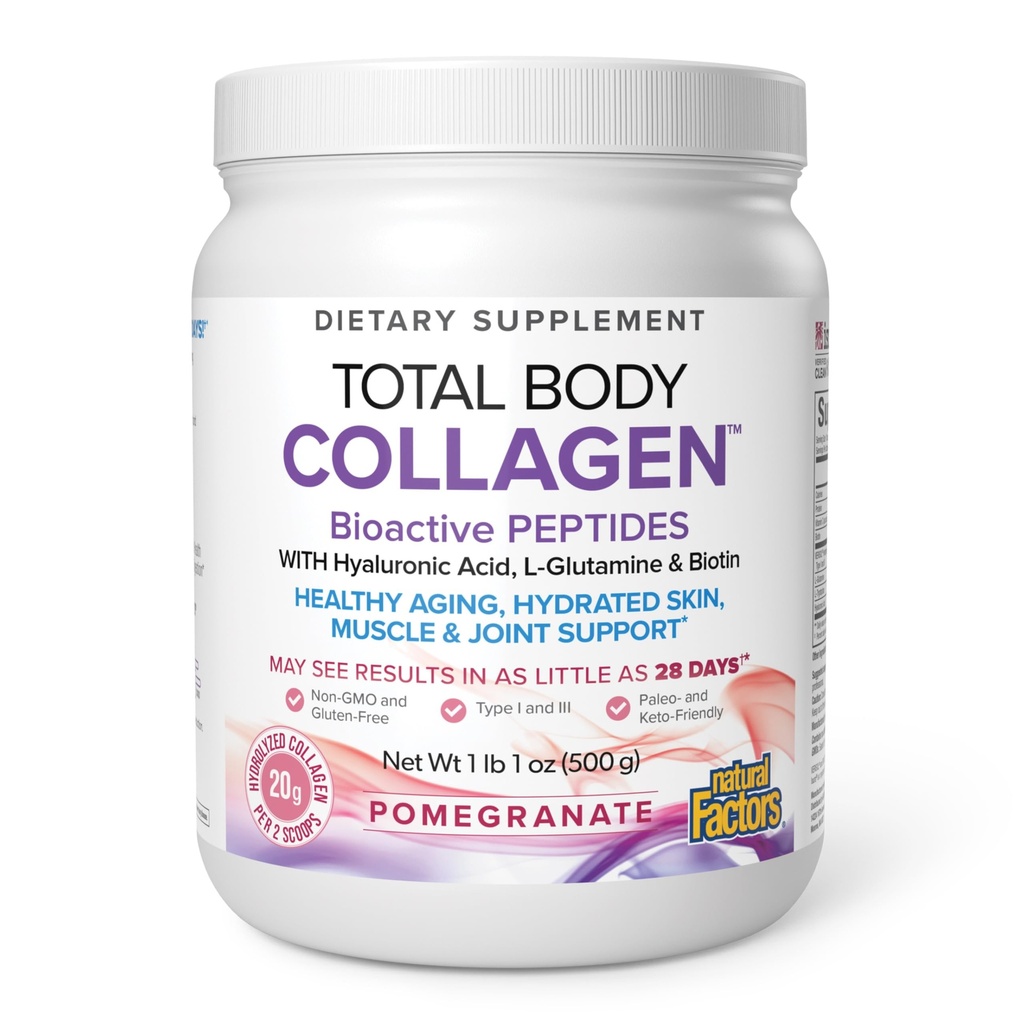 Facteurs naturels Collagène total du corps - Supplément de collagène bioactif pour la croissance des cheveux et ongles - Supplément de peau saine avec protéines, vitamine C et plus - grenade, 500 g (38 portions)