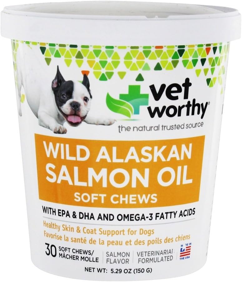 Vet Worthy Salmon Oil Skin and Coat Soft Chews for Dogs - Supplément chien pour soutenir la peau saine et belle manteau - Supplément huile de poisson avec acides gras Omega 3 - Saveur de saumon - 30 Chews doux