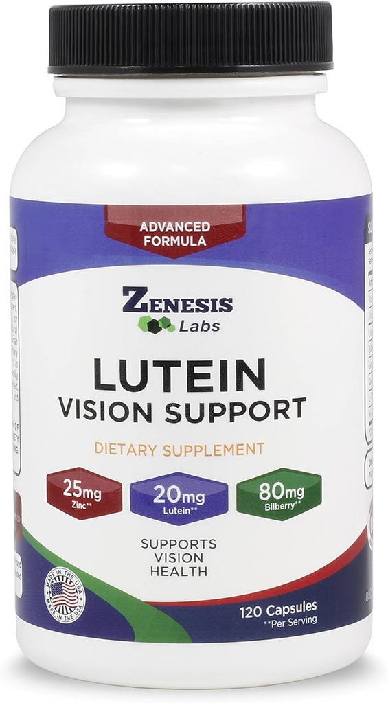 Zenesis Labs Lutein Vision Support - Vitamine oculaire essentielle - avec Bilberry, Beta-Carotène, Zinc, Graines et autres minéraux - 120 capsules - 60 jours d'approvisionnement