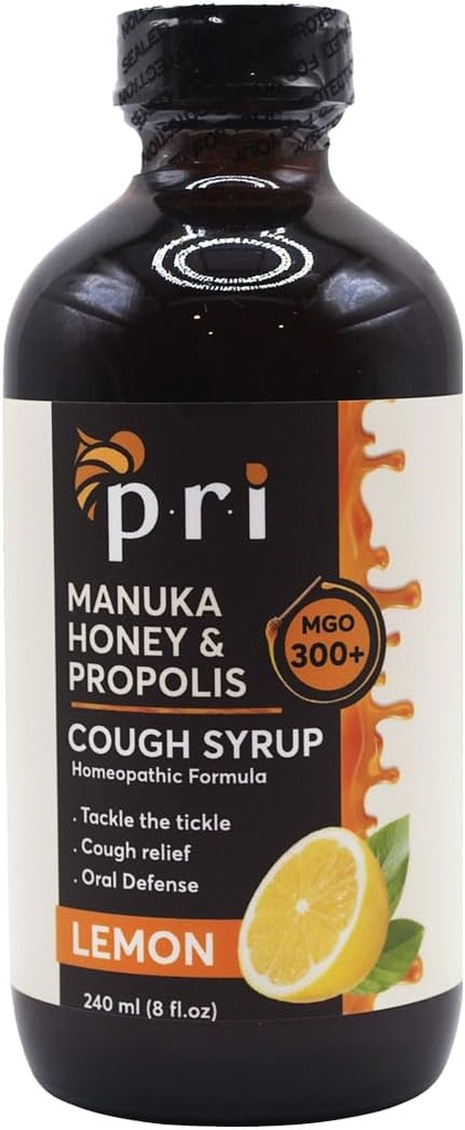 P.R.I Syrup sec naturel avec le miel de Manuka, propolis, huile d'arbre à thé et vitamine C - Throat mal et soutien immunitaire, Lemon Flavor, 8oz