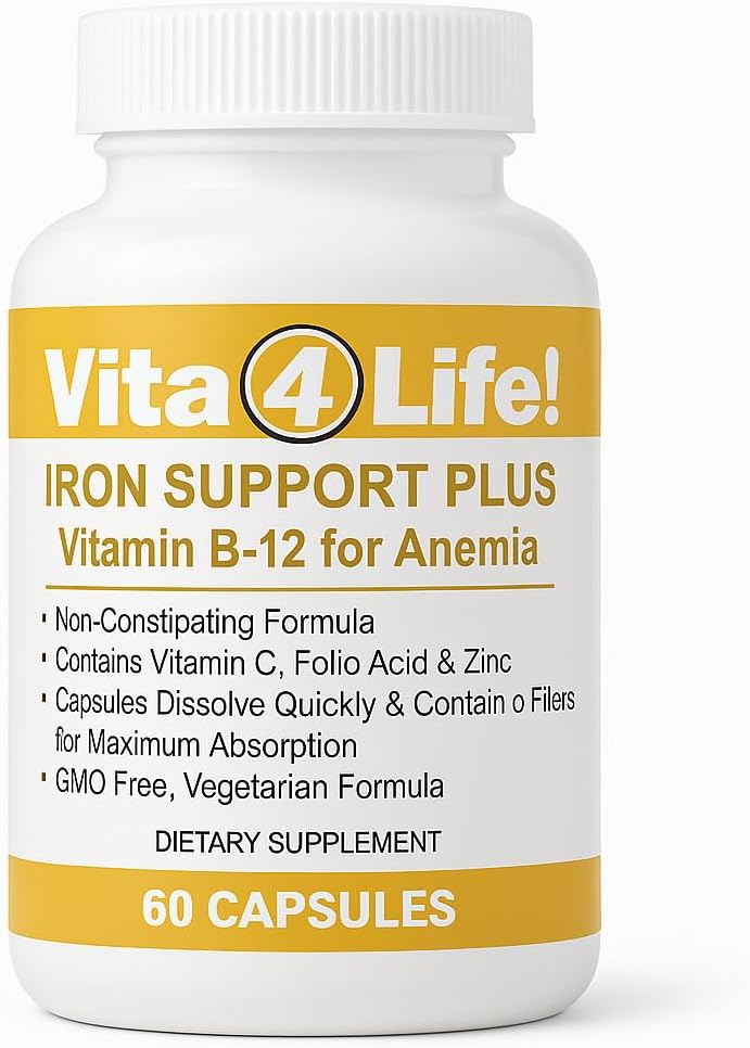 Vita4Life!® Iron Support Plus - 40mg Iron with Vitamin C, B-12, Folic Acid & Zinc - 60 Capsules - Non-Constipating Formula for Red Blood Cell Support & Energy - Vegetarian & GMO-Free
