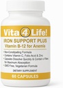 Vita4Life!® Iron Support Plus - 40mg Iron avec vitamine C, B-12, acide folique et zinc - 60 capsules - Formule non constipante pour le soutien et l'énergie des globules rouges - Végétarien et sans OGM